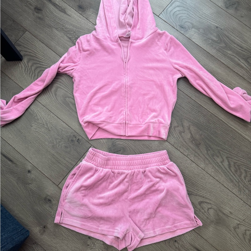 Pink Velour Hoodie and Shorts Set